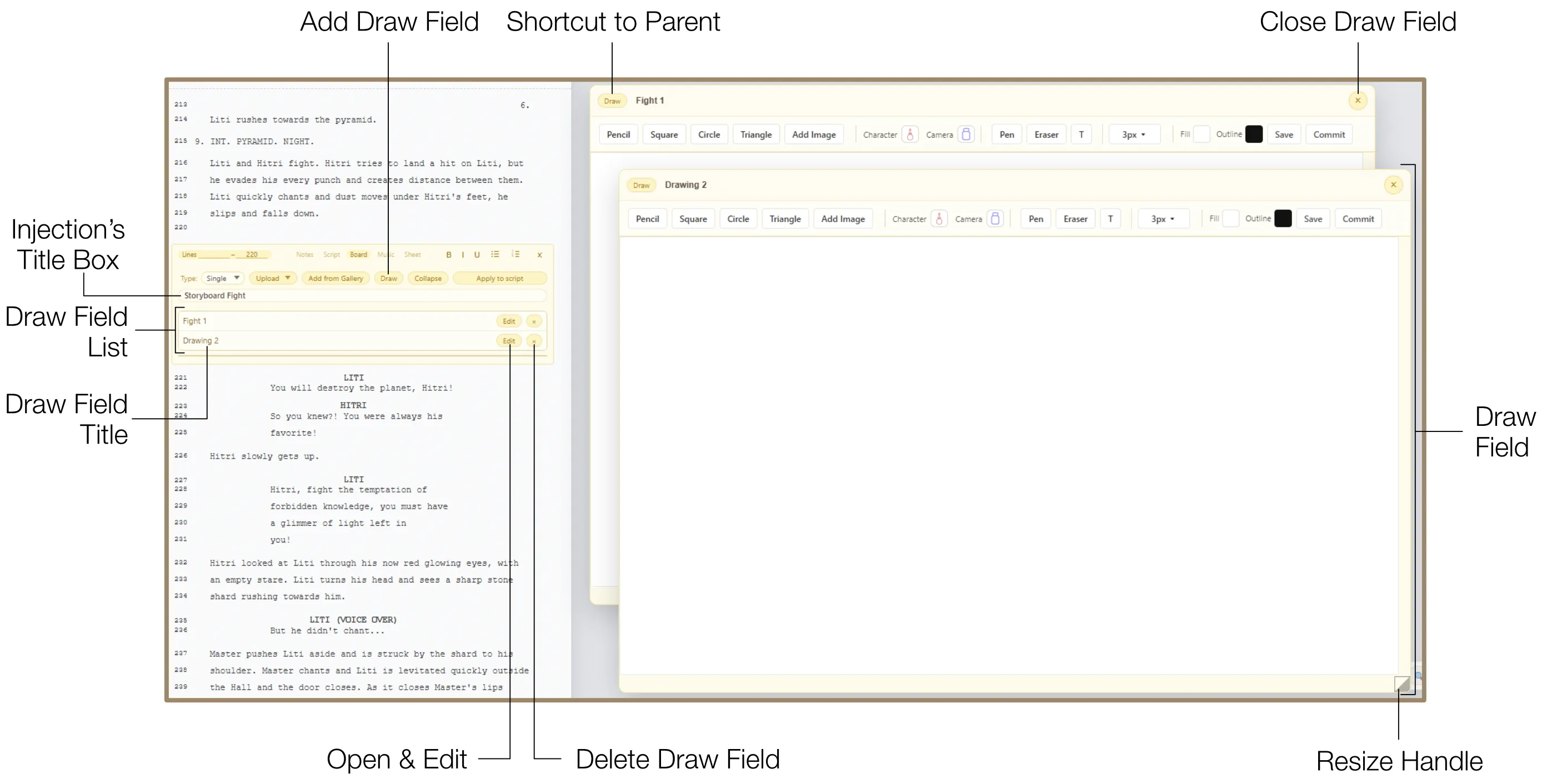 Draw Field workspace with resize handle, zoom controls, and drawing canvas